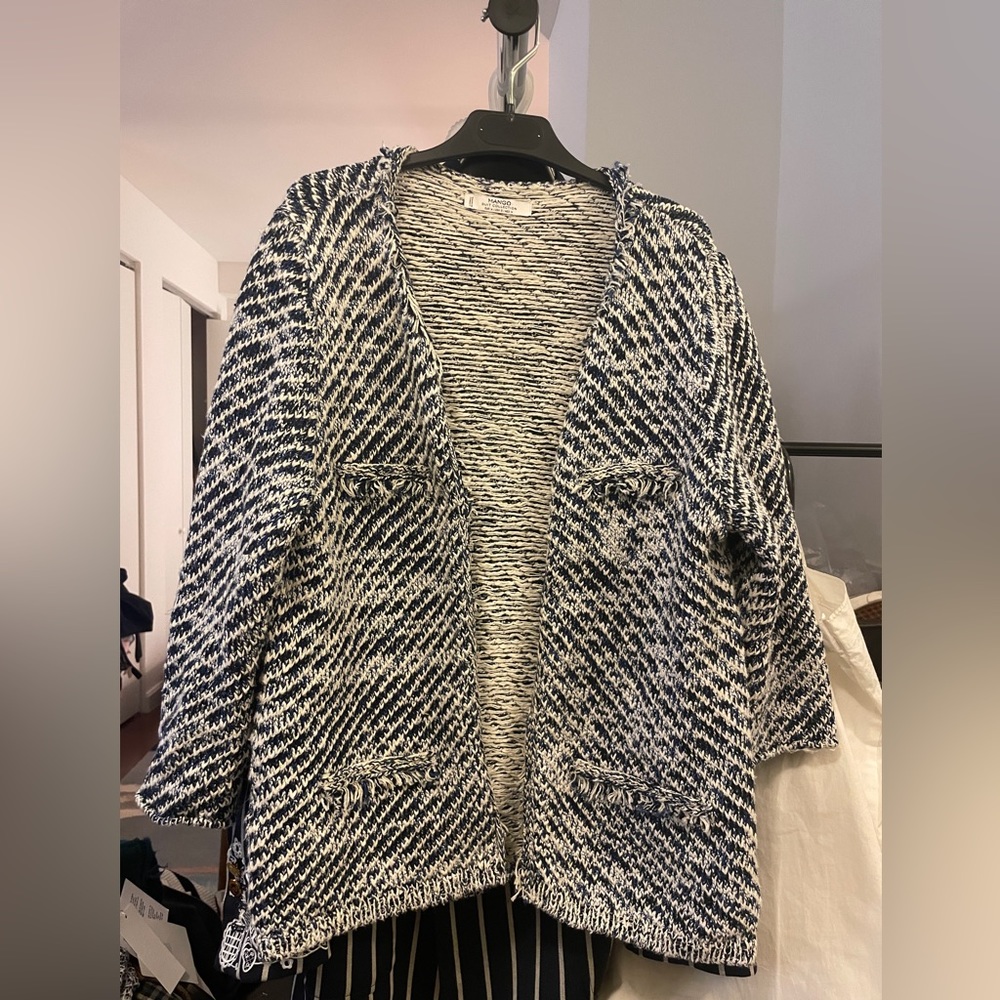 Mango Tweed-like Fringed Cardigan in White/Blue